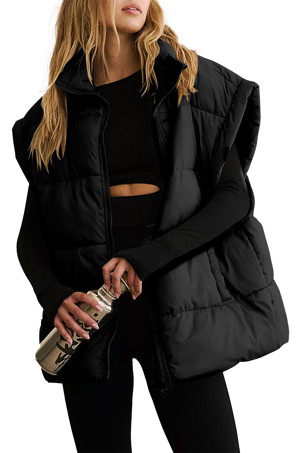 Black Solid Zipper Stand Neck Oversized Puffer Vest - Incognito Sunglasses