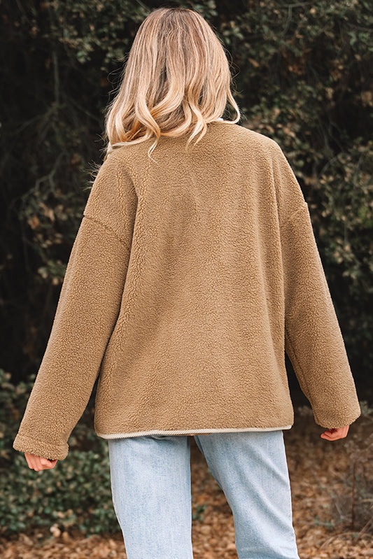 Light French Beige Puffy Plush Corduroy Edge Patchwork Jacket with Big Pockets - Incognito Sunglasses