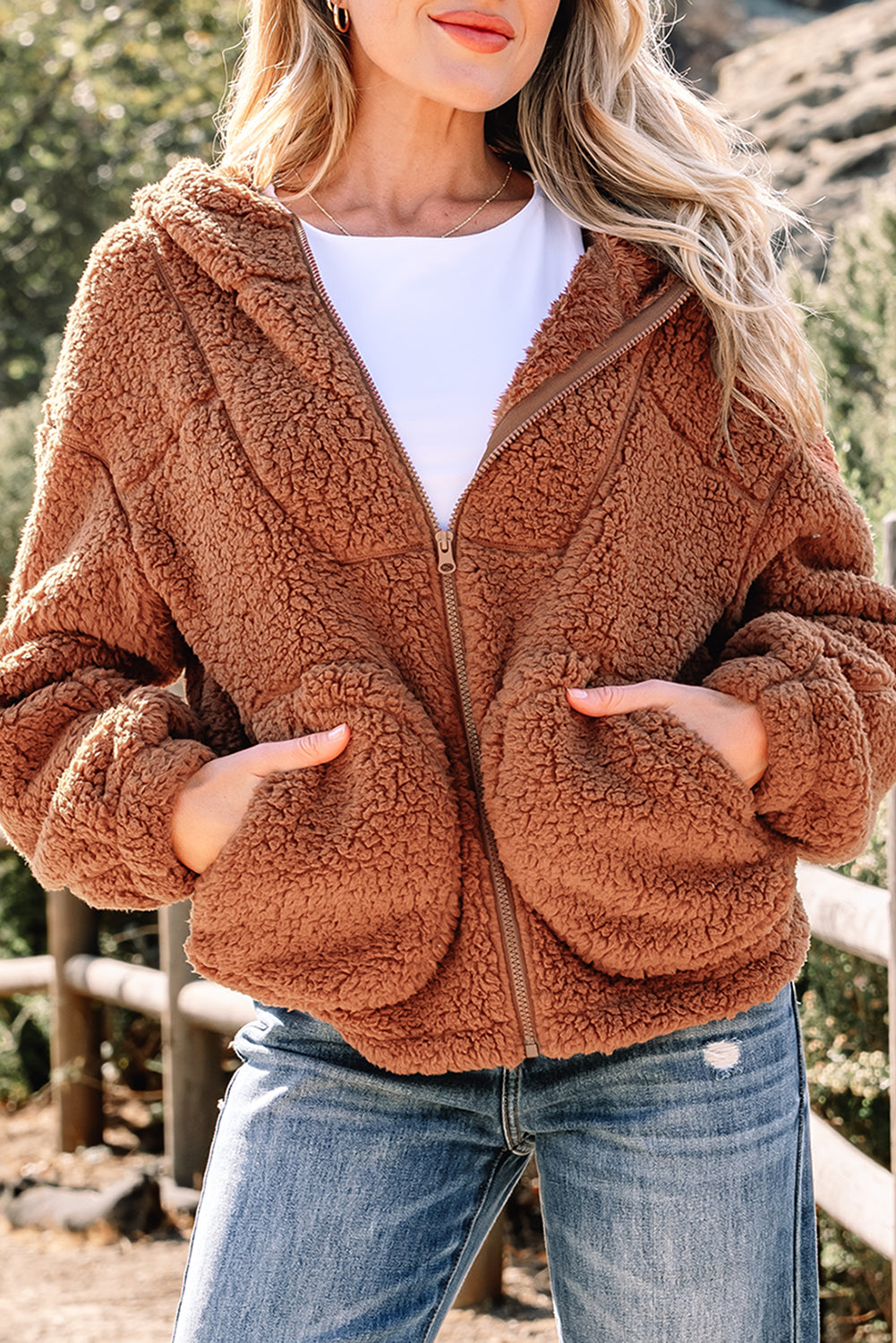 Straw Yellow Zip Up Hooded Sherpa Jacket - Incognito Sunglasses