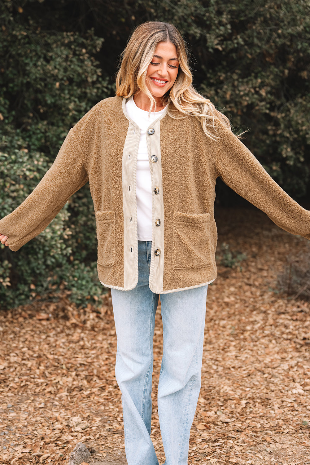 Light French Beige Puffy Plush Corduroy Edge Patchwork Jacket with Big Pockets - Incognito Sunglasses