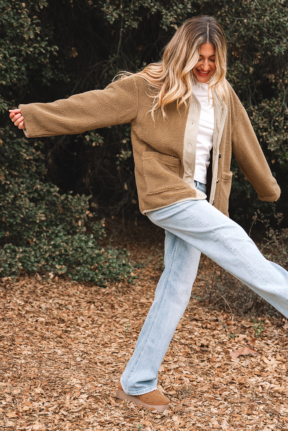 Light French Beige Puffy Plush Corduroy Edge Patchwork Jacket with Big Pockets - Incognito Sunglasses