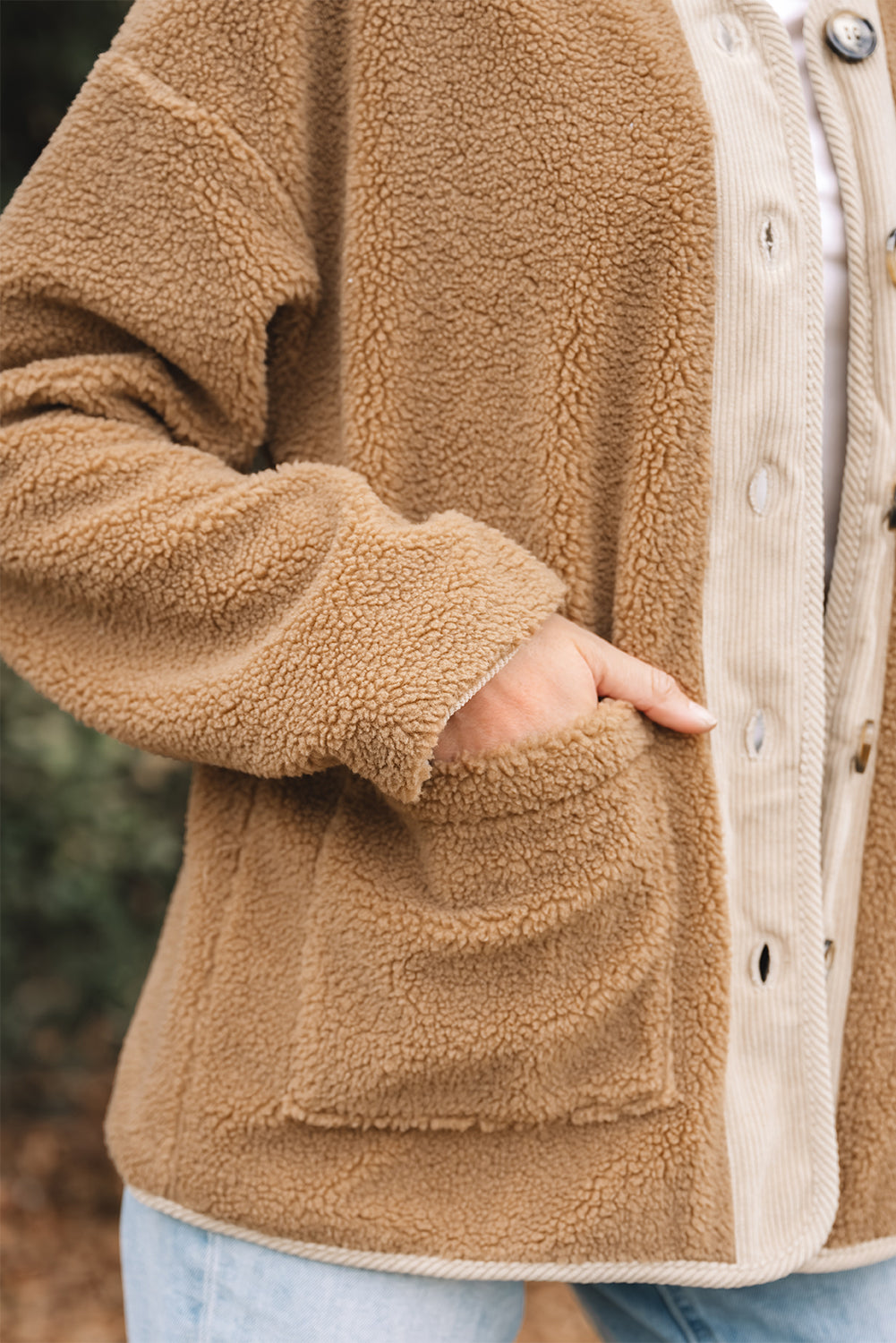Light French Beige Puffy Plush Corduroy Edge Patchwork Jacket with Big Pockets - Incognito Sunglasses
