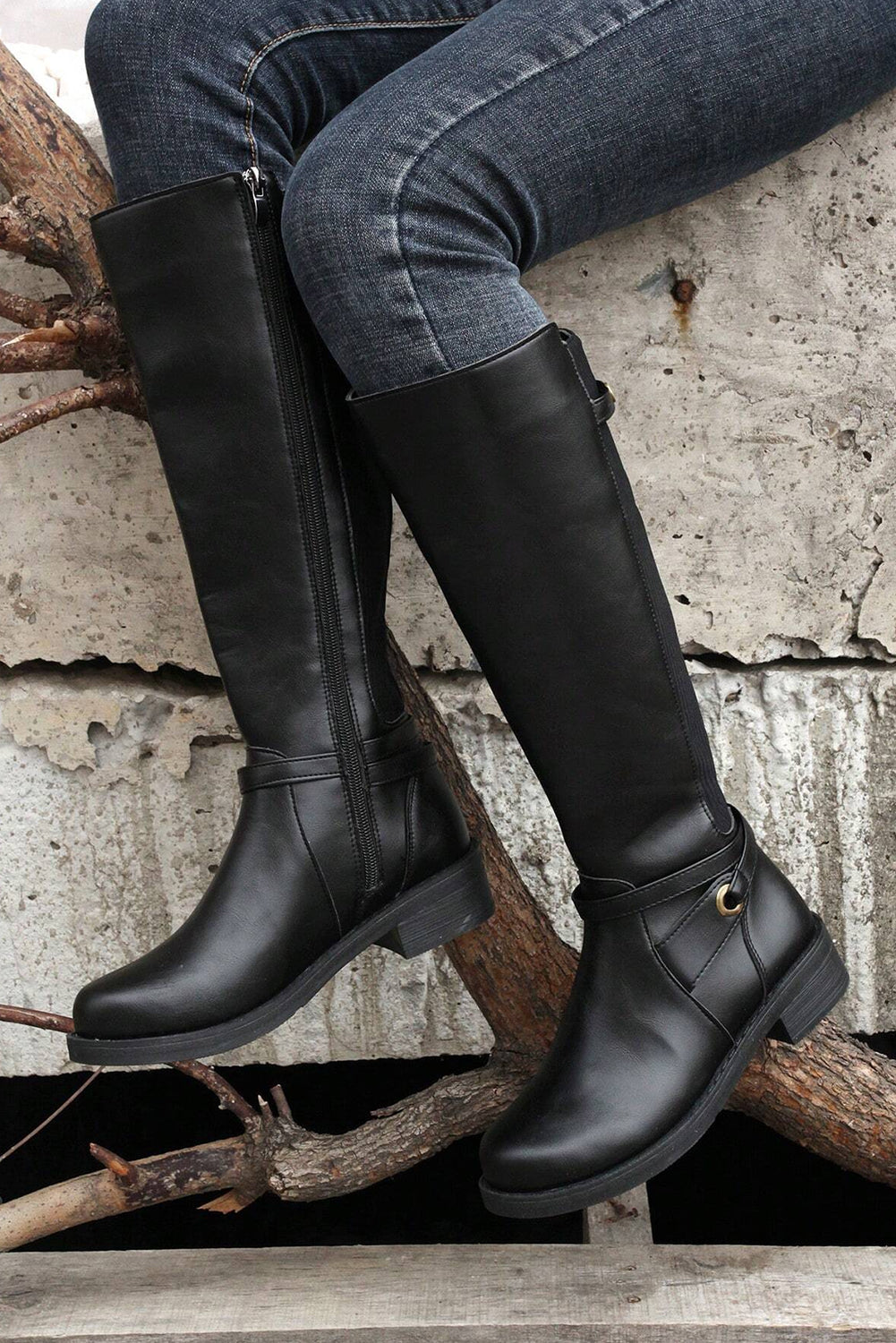 Black Side Zipper Knee High Chunky Low Heel Boots - Incognito Sunglasses