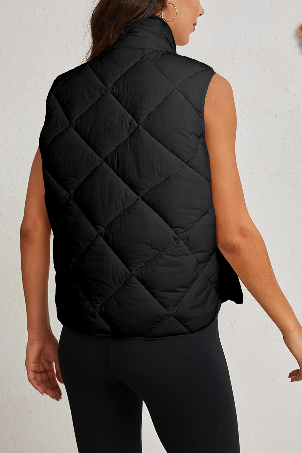 Black Quilted High Neck Button Up Pocket Vest Coat - Incognito Sunglasses