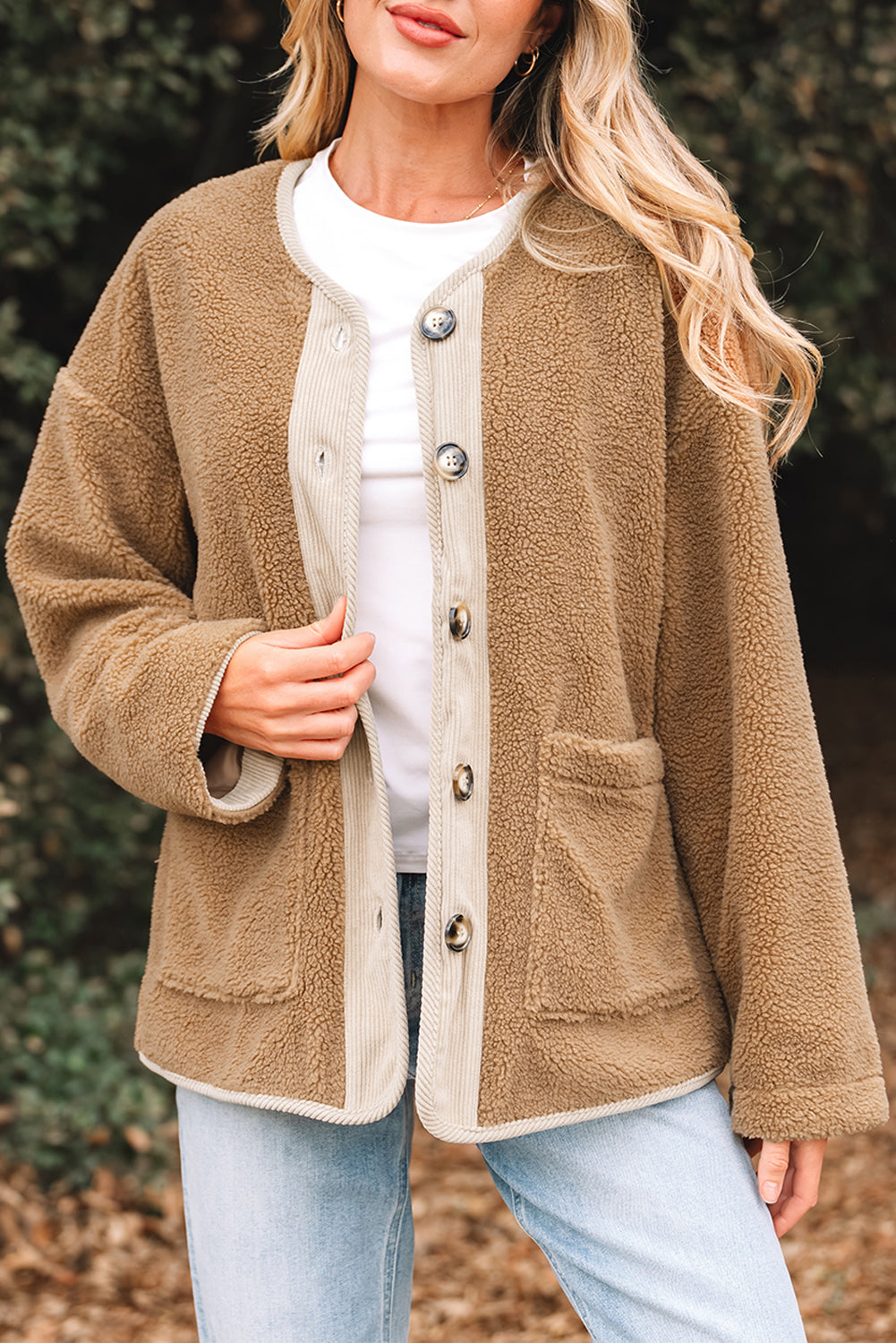 Light French Beige Puffy Plush Corduroy Edge Patchwork Jacket with Big Pockets - Incognito Sunglasses