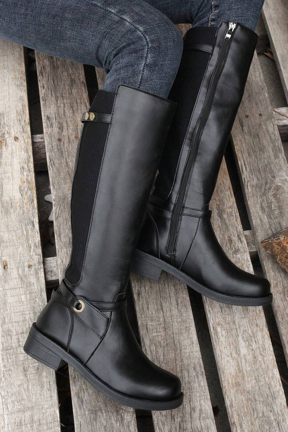 Black Side Zipper Knee High Chunky Low Heel Boots - Incognito Sunglasses