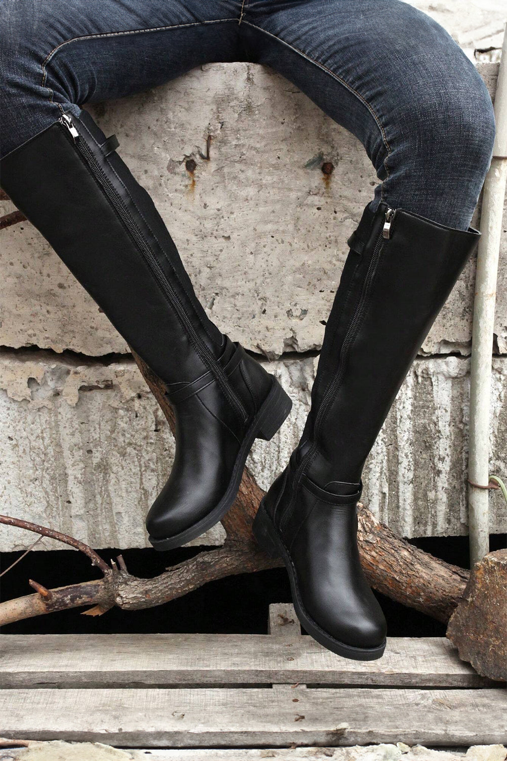 Black Side Zipper Knee High Chunky Low Heel Boots - Incognito Sunglasses