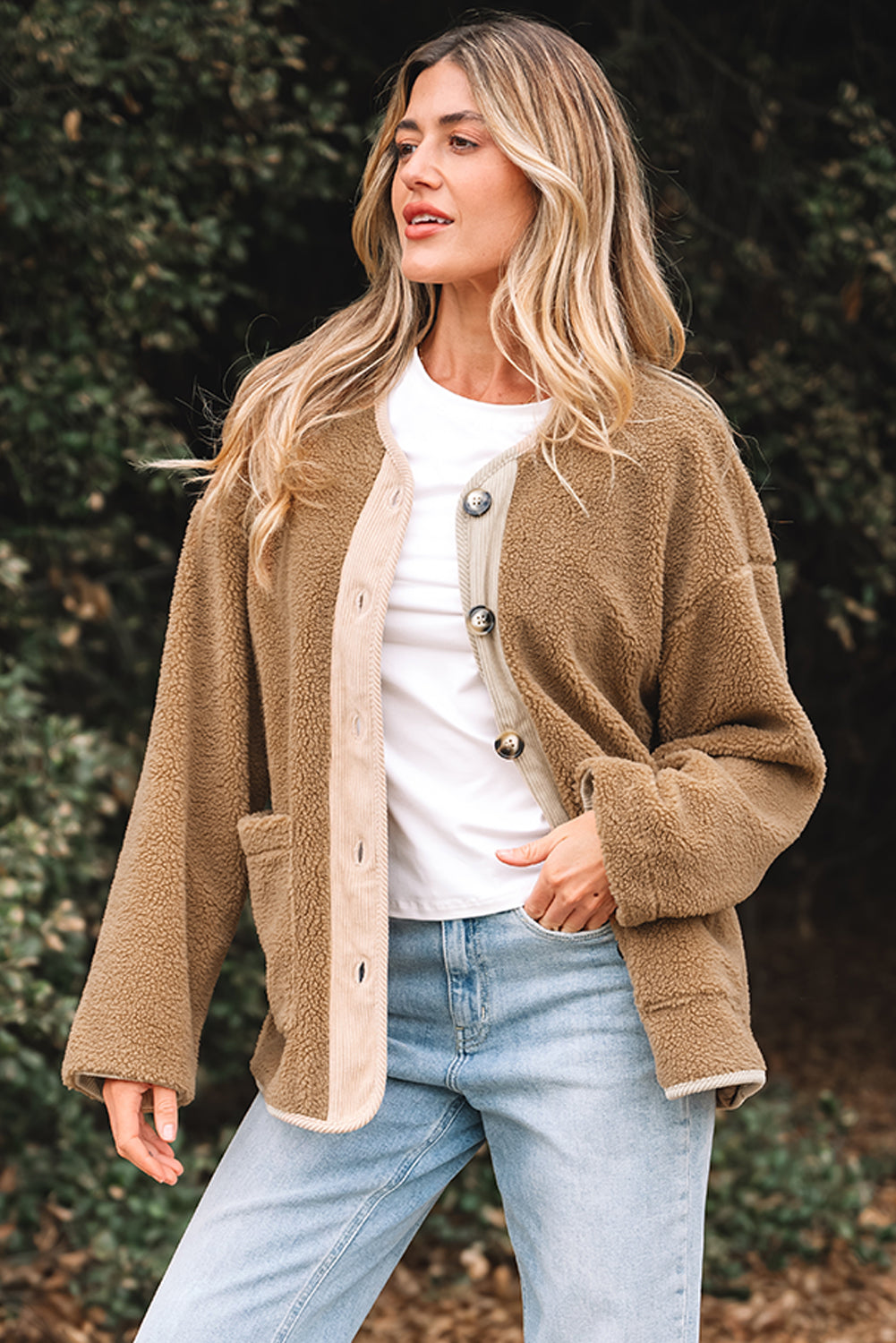 Light French Beige Puffy Plush Corduroy Edge Patchwork Jacket with Big Pockets - Incognito Sunglasses