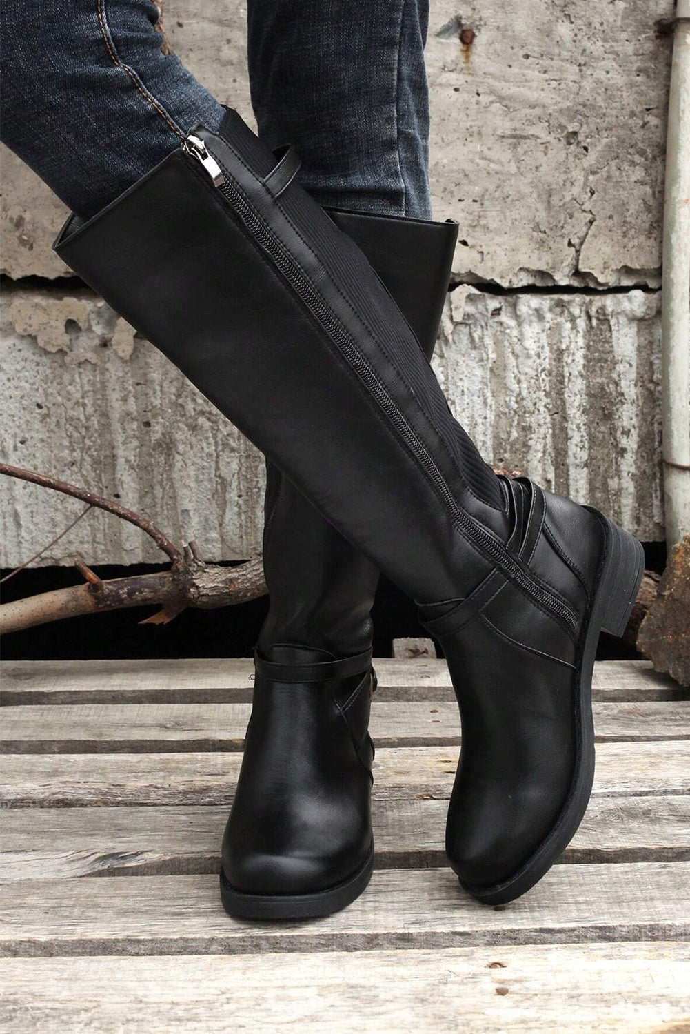 Black Side Zipper Knee High Chunky Low Heel Boots - Incognito Sunglasses