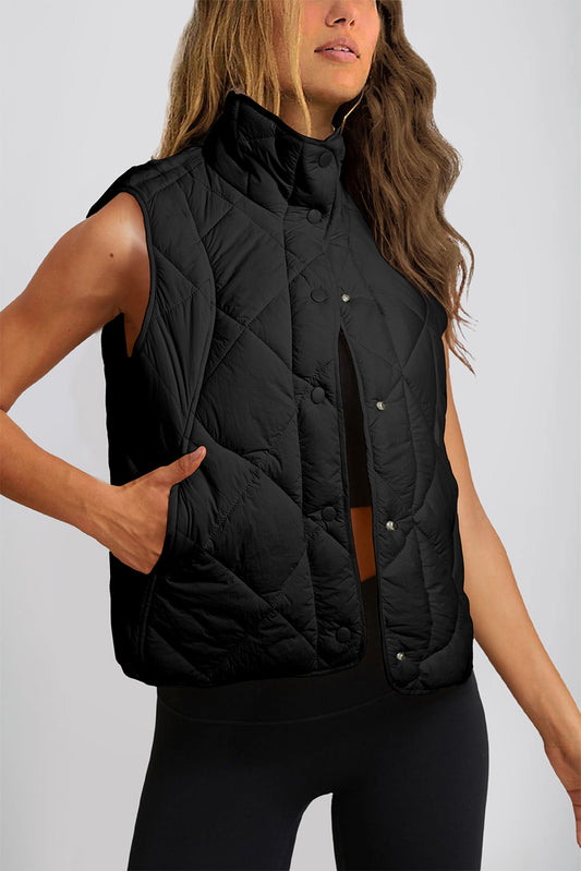 Black Quilted High Neck Button Up Pocket Vest Coat - Incognito Sunglasses