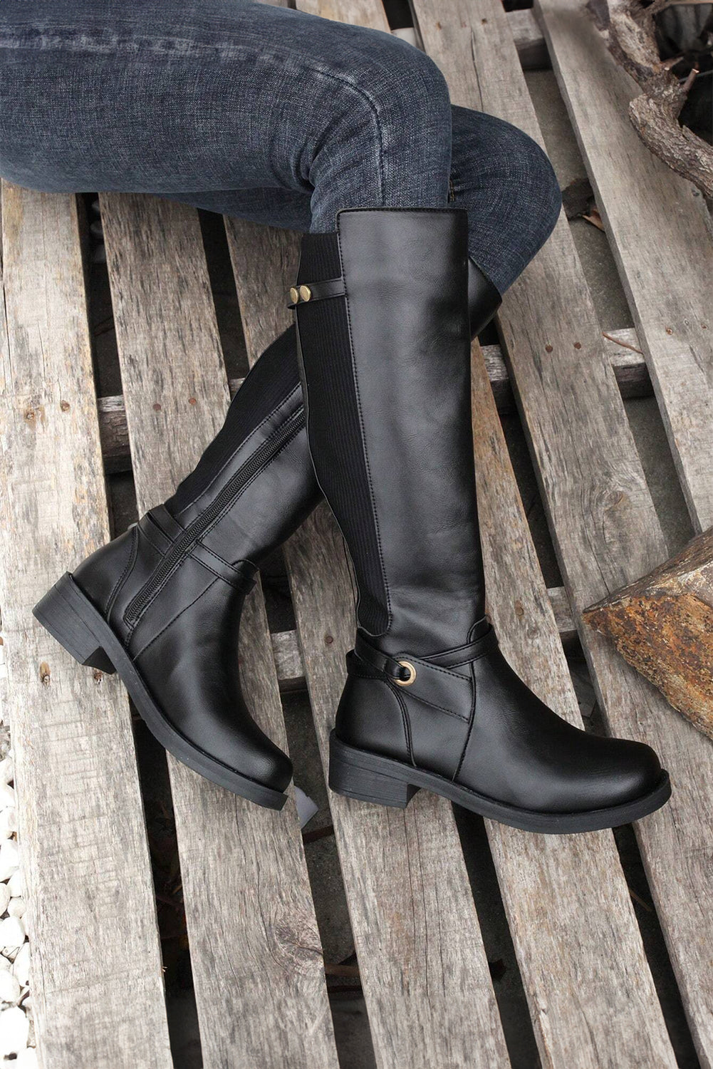 Black Side Zipper Knee High Chunky Low Heel Boots - Incognito Sunglasses