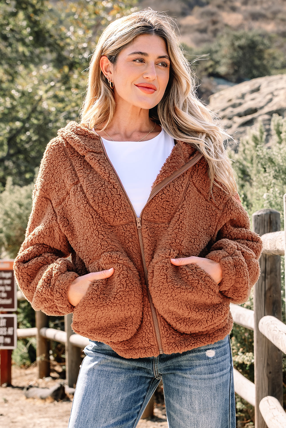 Straw Yellow Zip Up Hooded Sherpa Jacket - Incognito Sunglasses