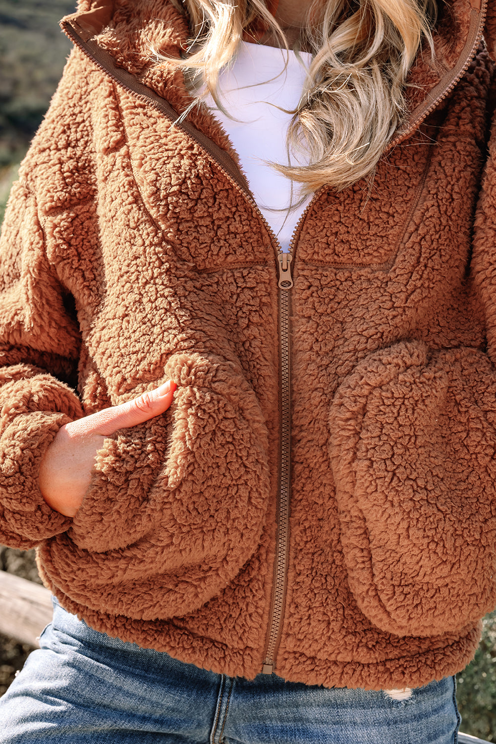 Straw Yellow Zip Up Hooded Sherpa Jacket - Incognito Sunglasses