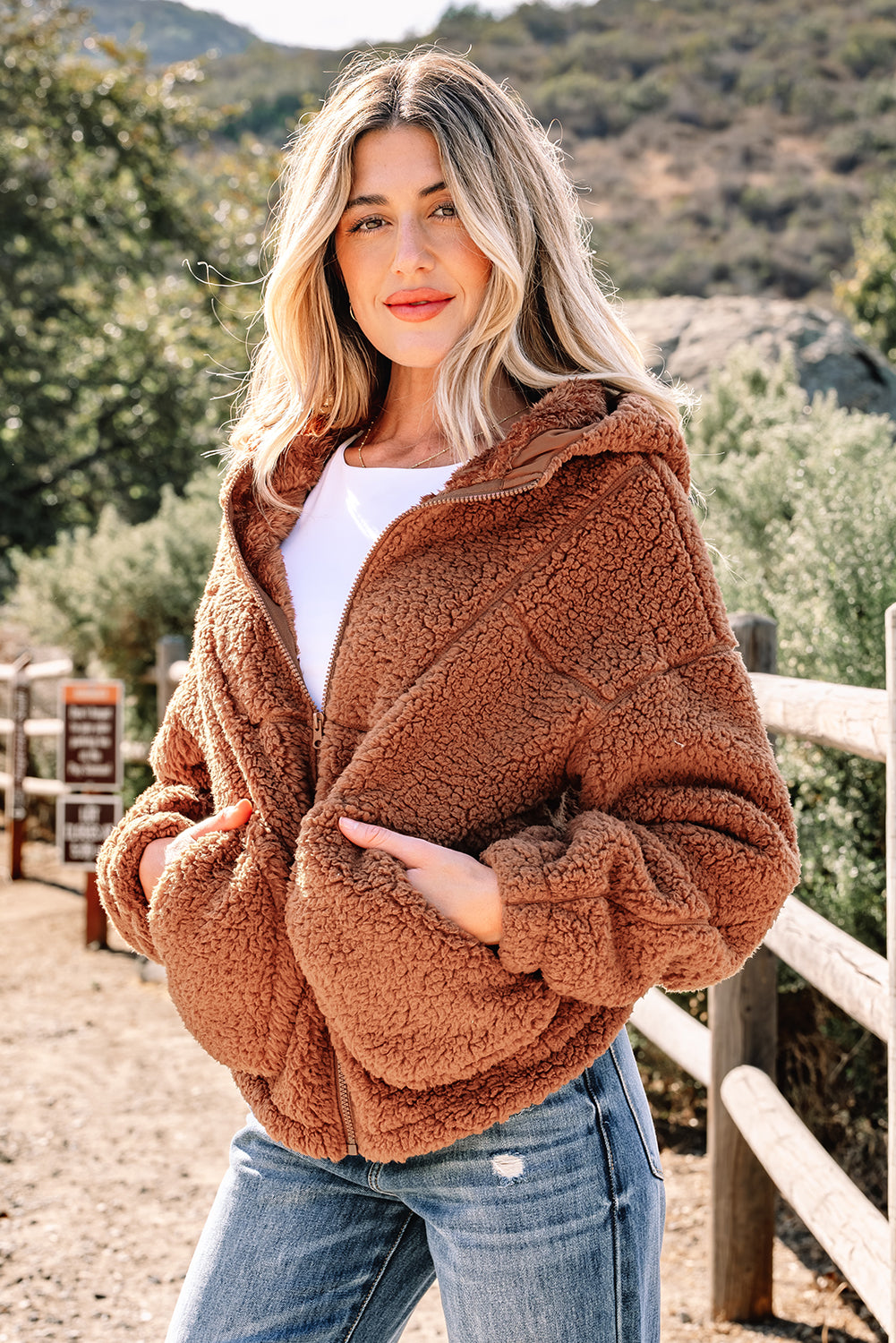 Straw Yellow Zip Up Hooded Sherpa Jacket - Incognito Sunglasses