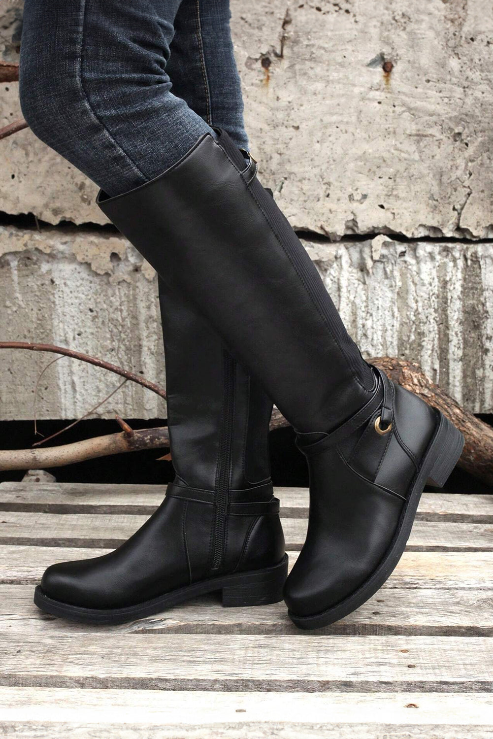 Black Side Zipper Knee High Chunky Low Heel Boots - Incognito Sunglasses