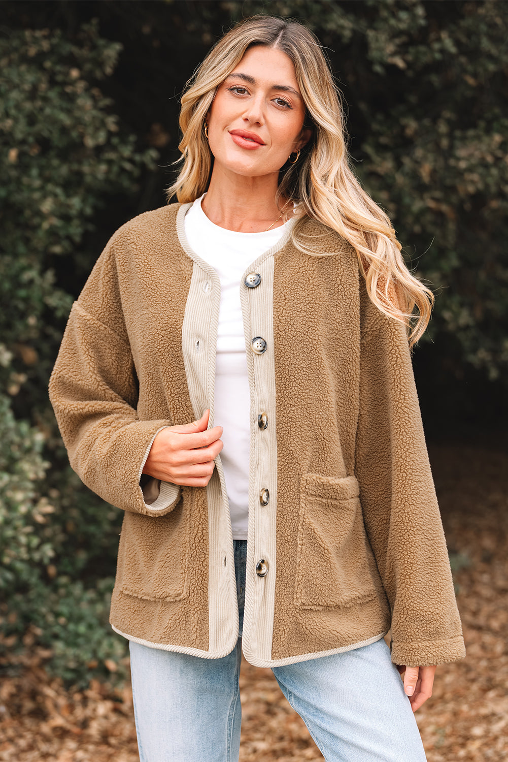 Light French Beige Puffy Plush Corduroy Edge Patchwork Jacket with Big Pockets - Incognito Sunglasses