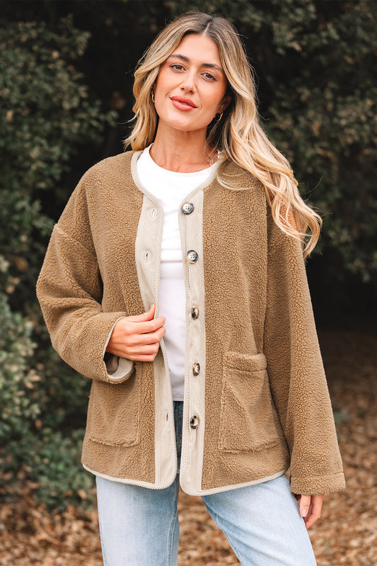 Light French Beige Puffy Plush Corduroy Edge Patchwork Jacket with Big Pockets - Incognito Sunglasses