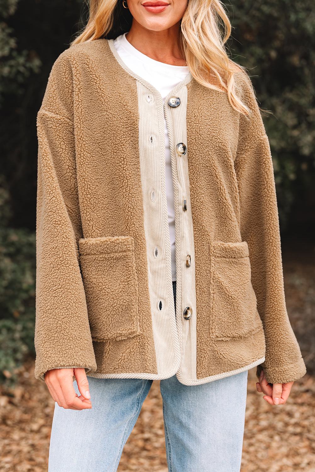 Light French Beige Puffy Plush Corduroy Edge Patchwork Jacket with Big Pockets - Incognito Sunglasses
