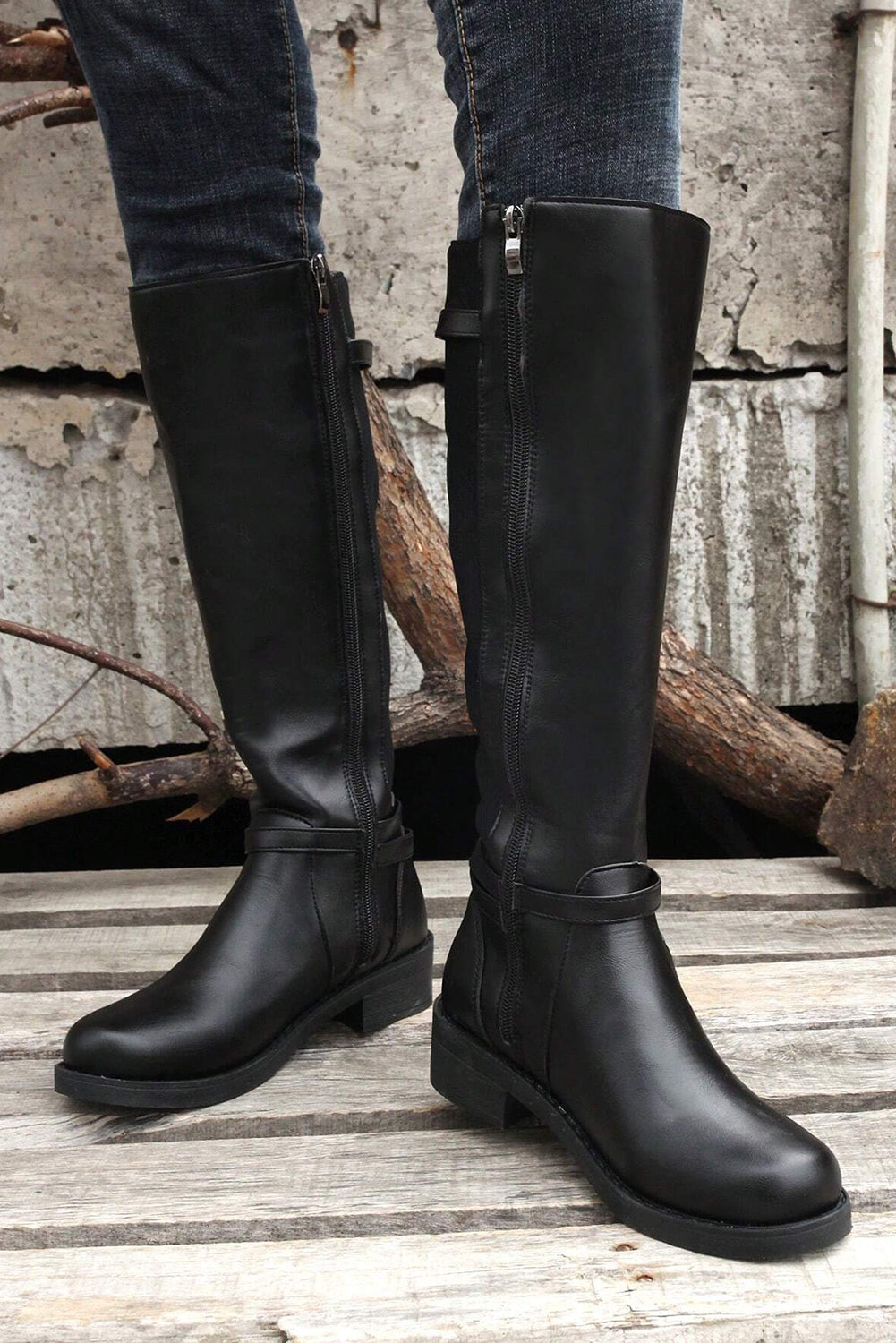 Black Side Zipper Knee High Chunky Low Heel Boots - Incognito Sunglasses